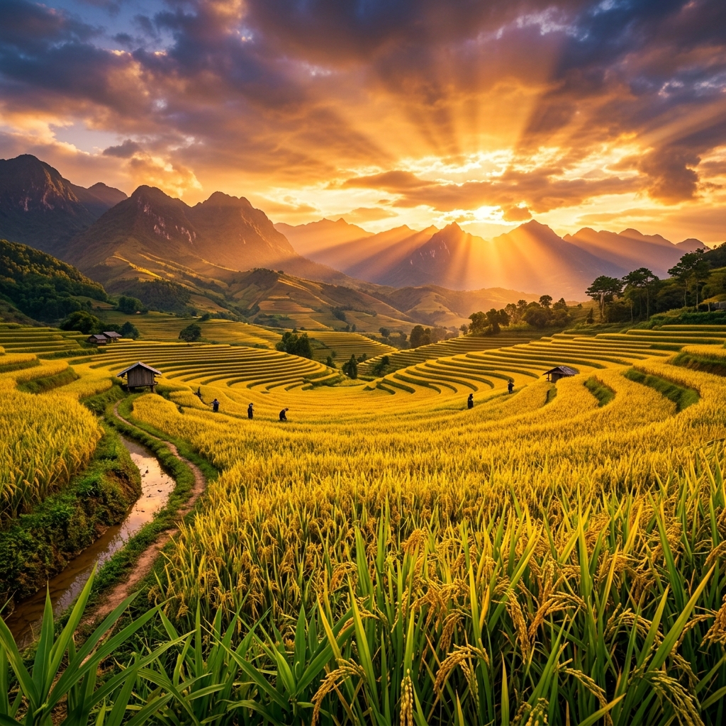 Golden rice paddy fields at sunset